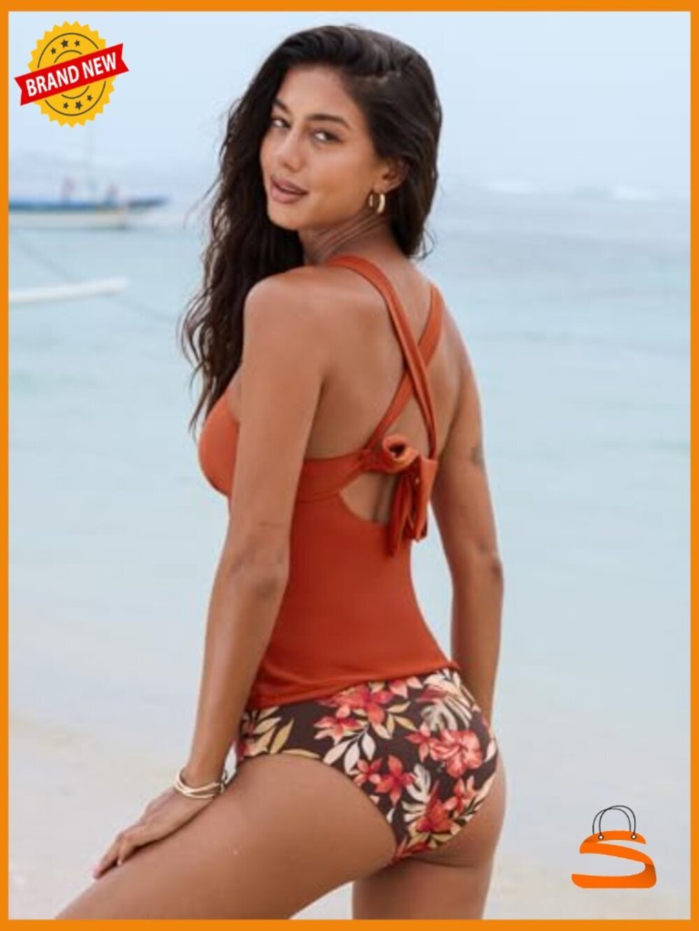 Tankini Set Two Piece Swimsuit Crossback Ruched Tummy Control Mid Rise - Picture 2 of 7